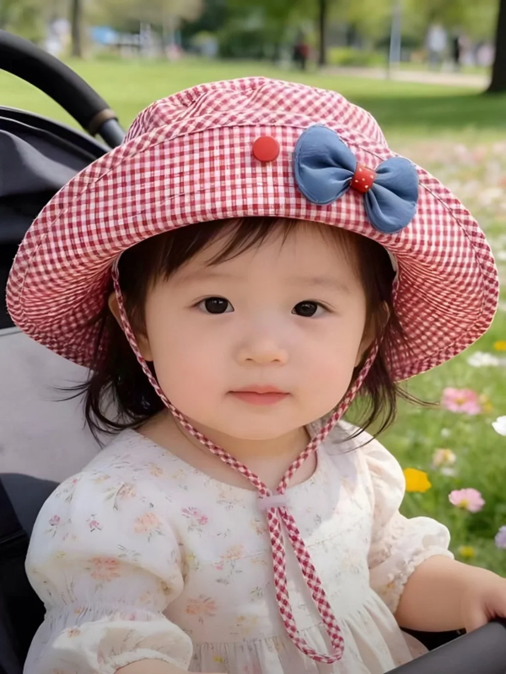 Red Gingham Sun Hat with Blue Bow